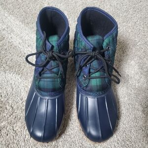 St. John's Bay Navy and Green Plaid Duck Boots
